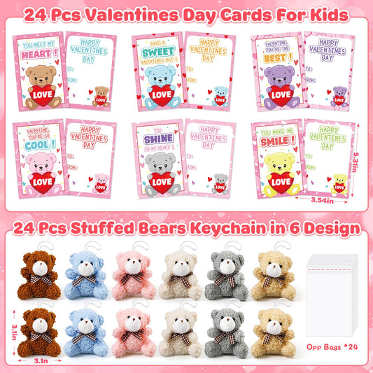 Jumlys Valentines plush bear keychains in six colors, perfect for backpacks and gifts
