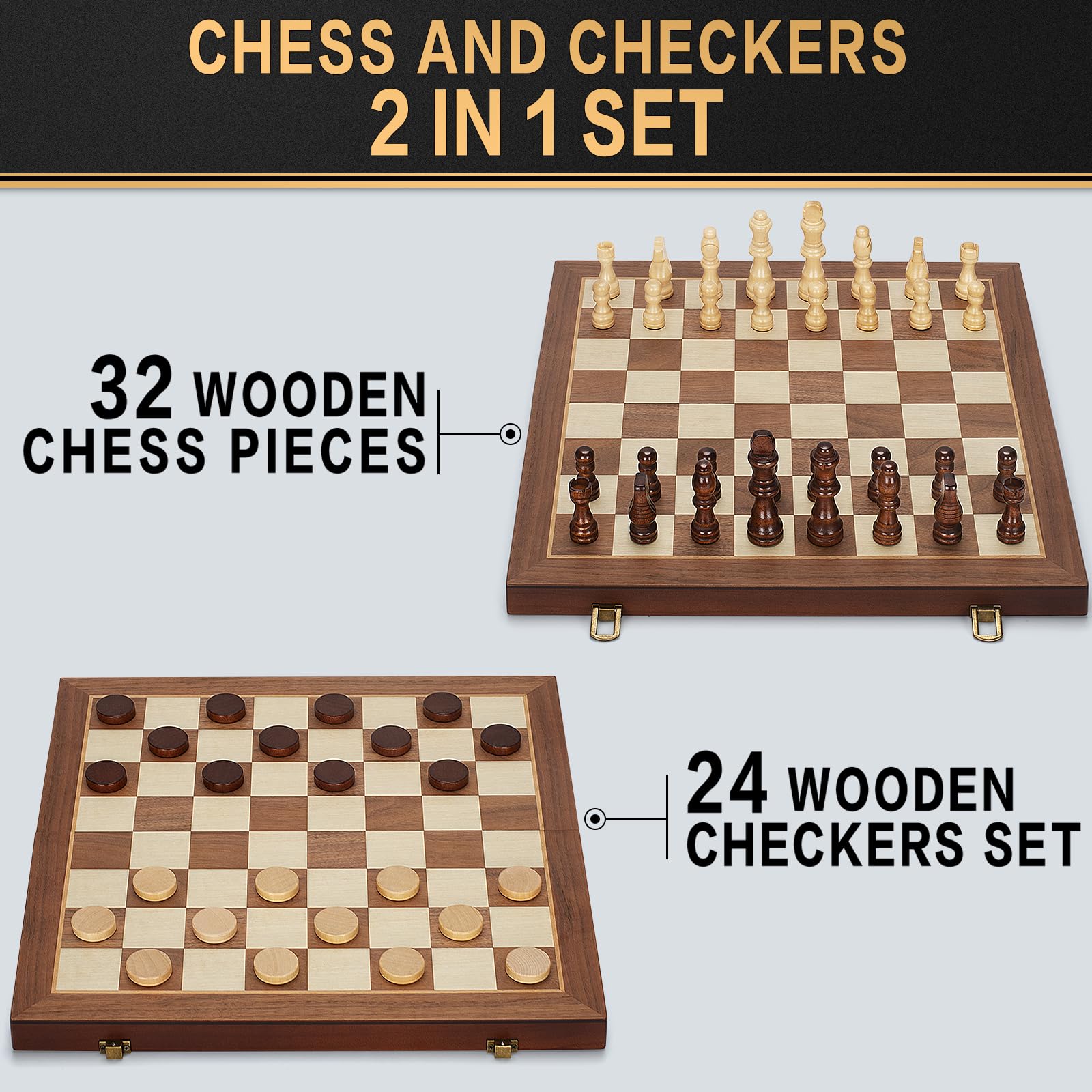Jumlys wooden folding chess board compact for easy storage and transport.