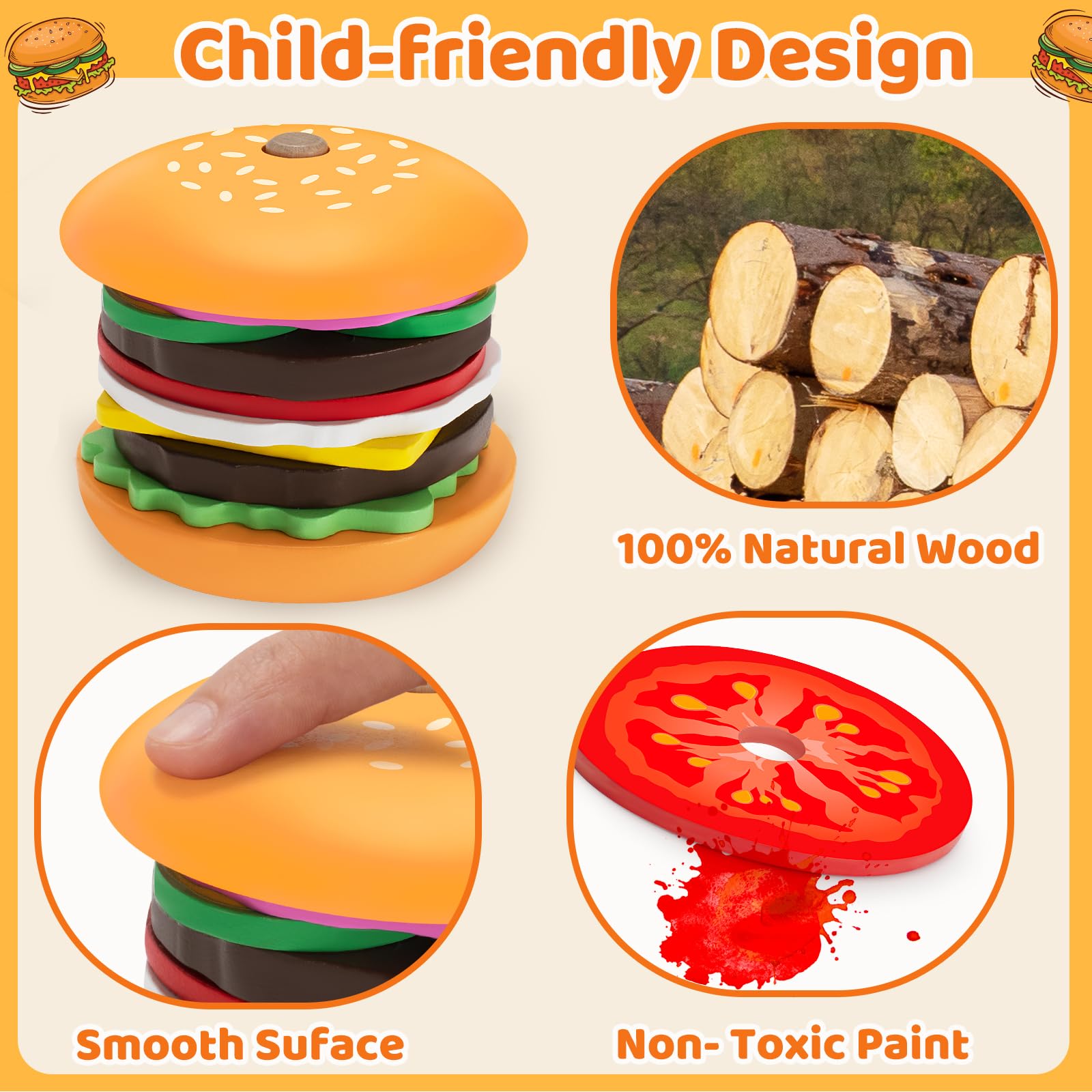 Beef patty wooden piece from Jumlys set enhances tactile play and coordination.