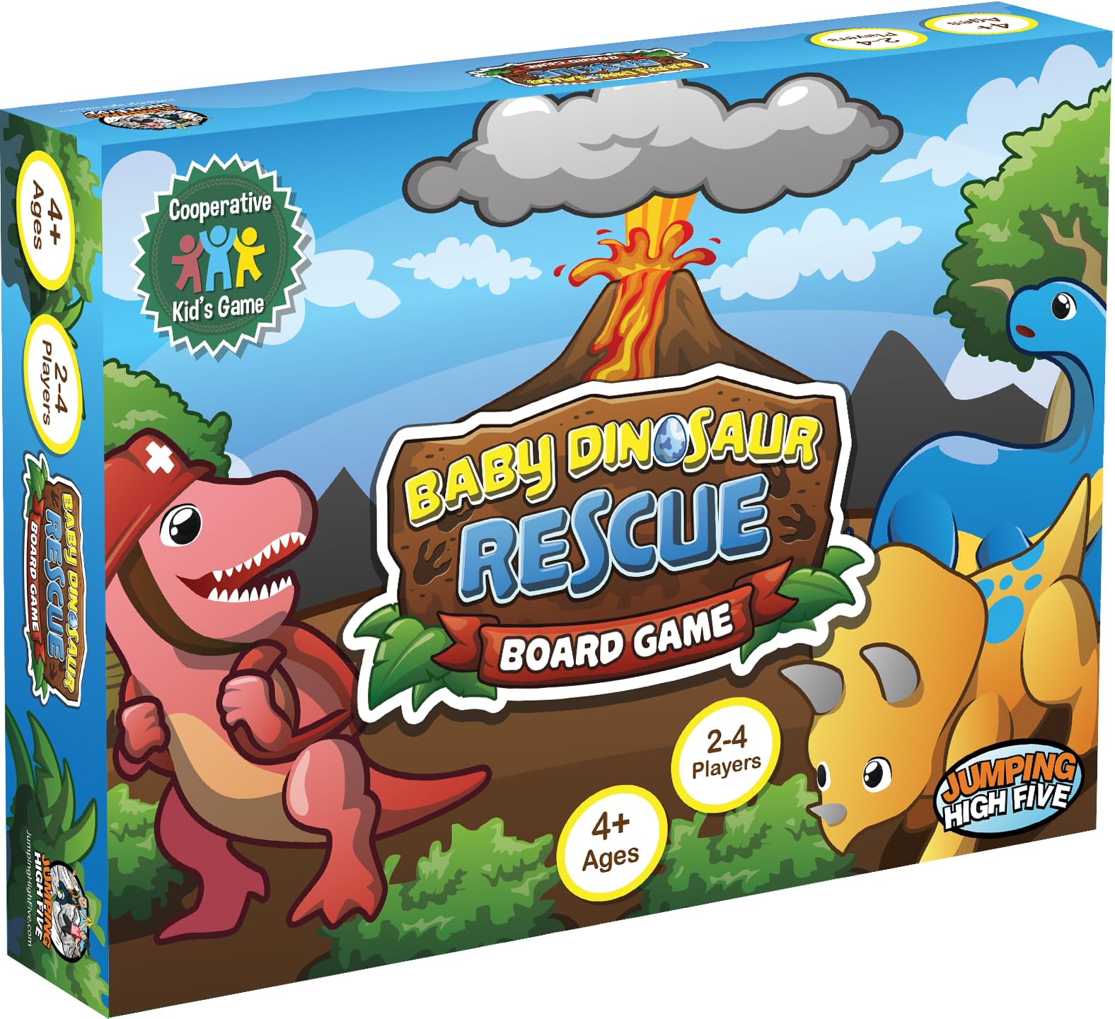 Jumping High Five Baby Dinosaur Rescue cover art with vibrant dinos for family play.