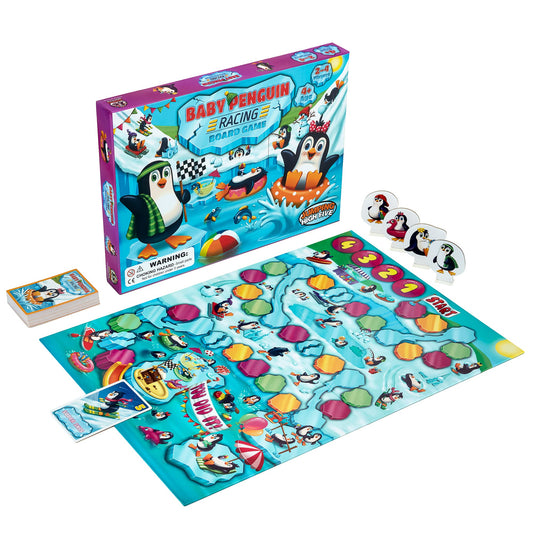 Penguin race toward the pool party cake piece for a tasty win