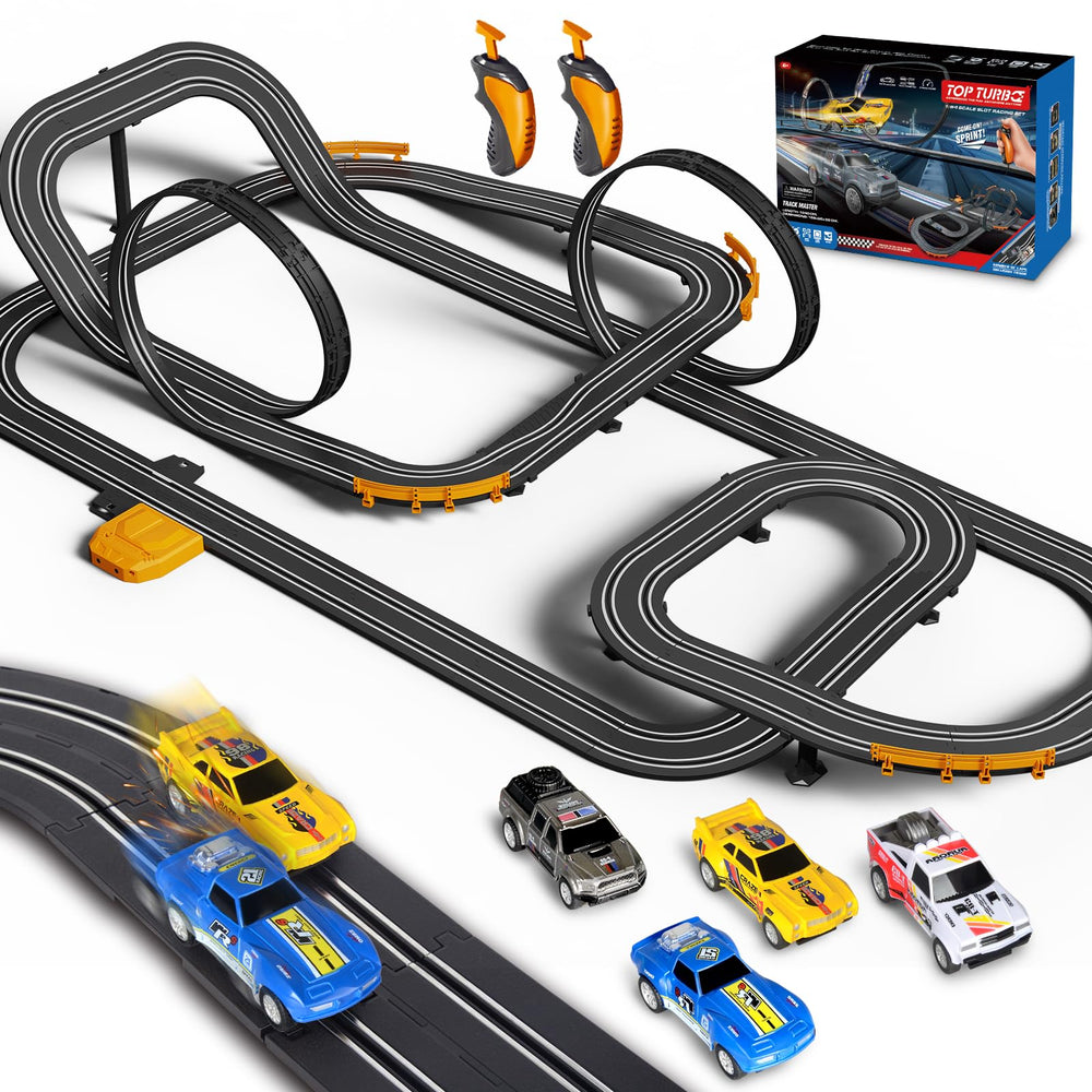 Jumplanma slot car track setup with four cars for family racing.