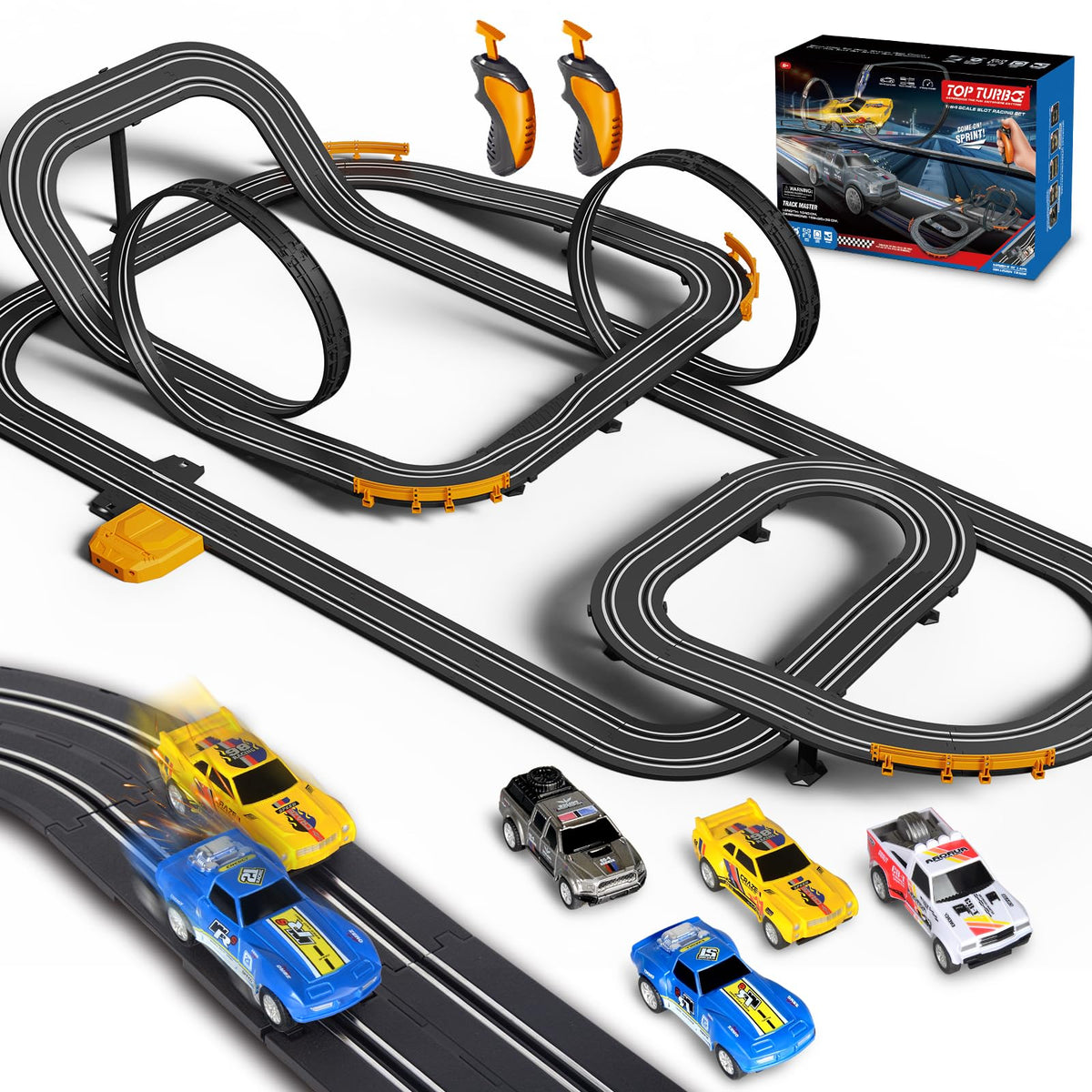 Jumplanma slot car track setup with four cars for family racing.