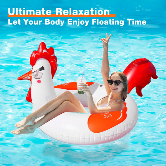 Junbig solar-powered chicken pool float emits color-changing lights for lively nighttime pool parties.