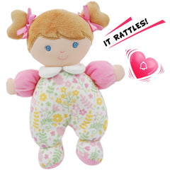 June Garden Blossom doll with brown hair and satin ties for dress-up play.