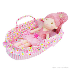 June Garden Cozy Dream Doll Bassinet fits dolls up to 18 inches.