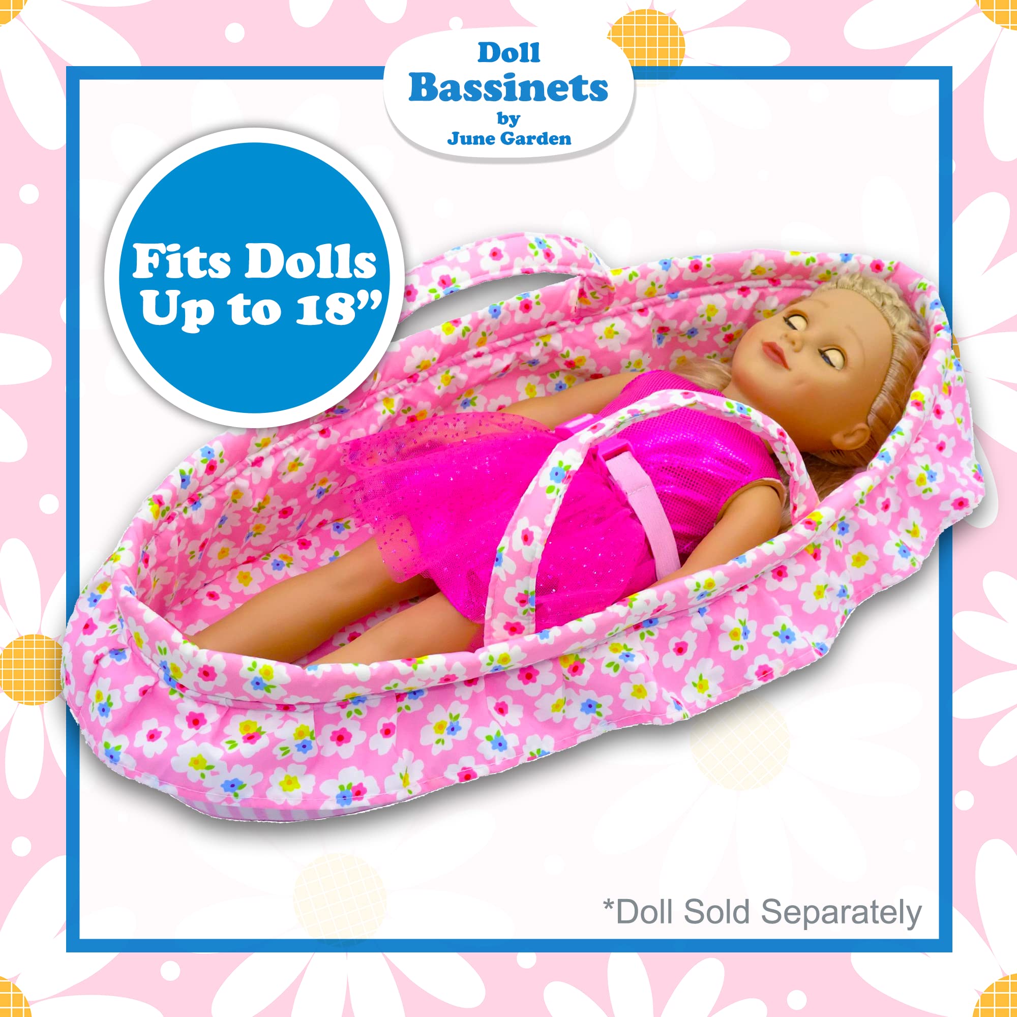 June Garden Cozy Dream Doll Bassinet features cheerful floral patterns.