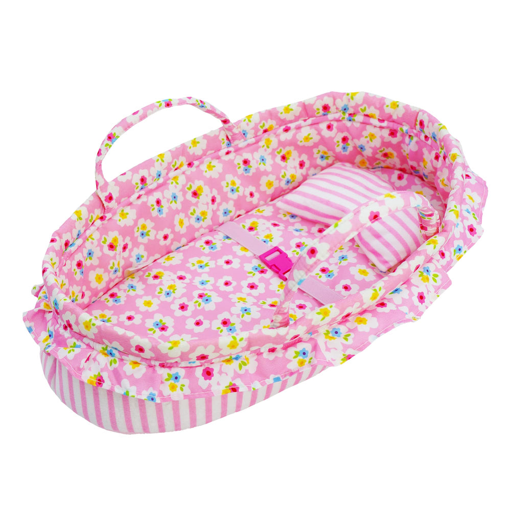 June Garden Cozy Dream Doll Bassinet on the go with padded handles.