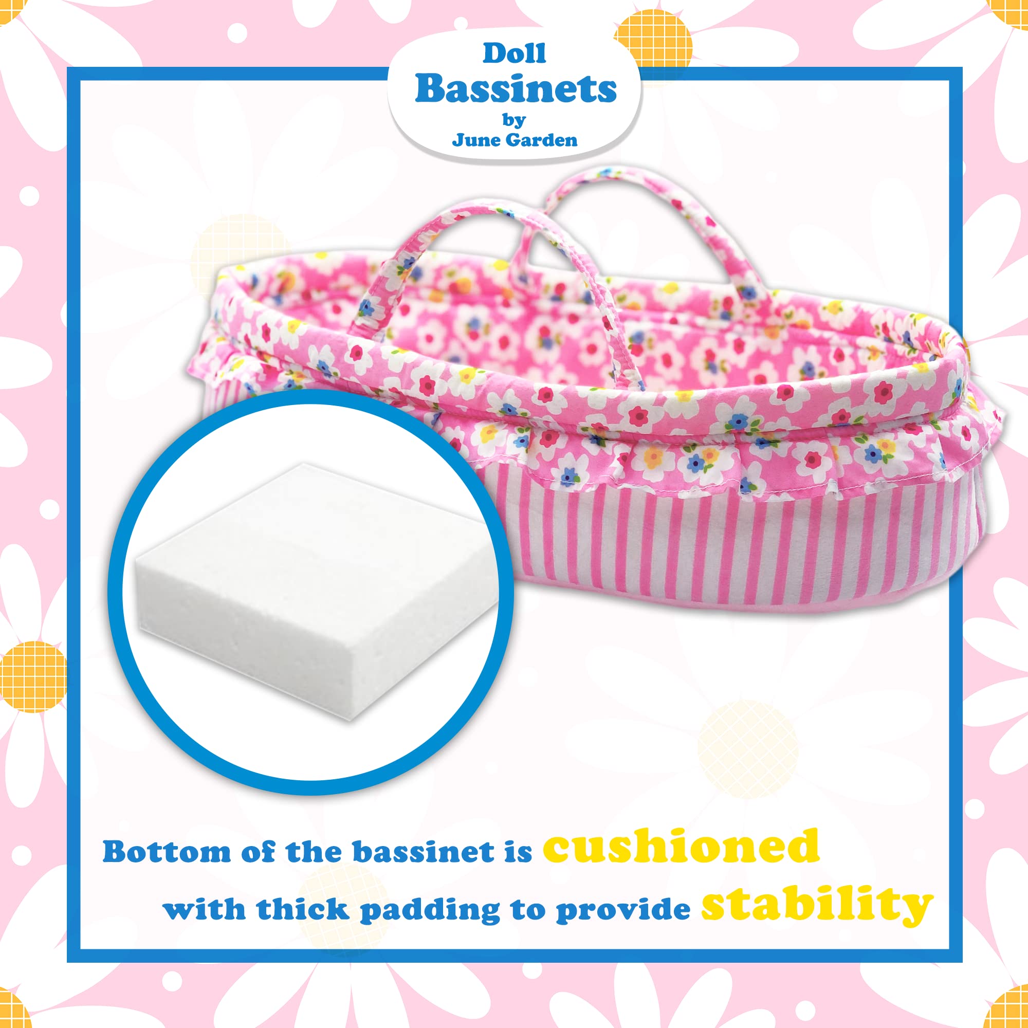 June Garden Cozy Dream Doll Bassinet highlights a cute ruffle design.