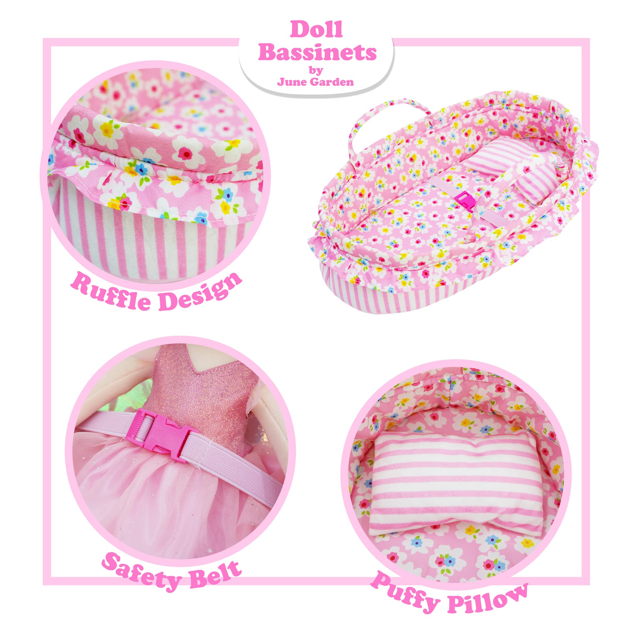 June Garden Cozy Dream Doll Bassinet has a sewn fluffy pillow.