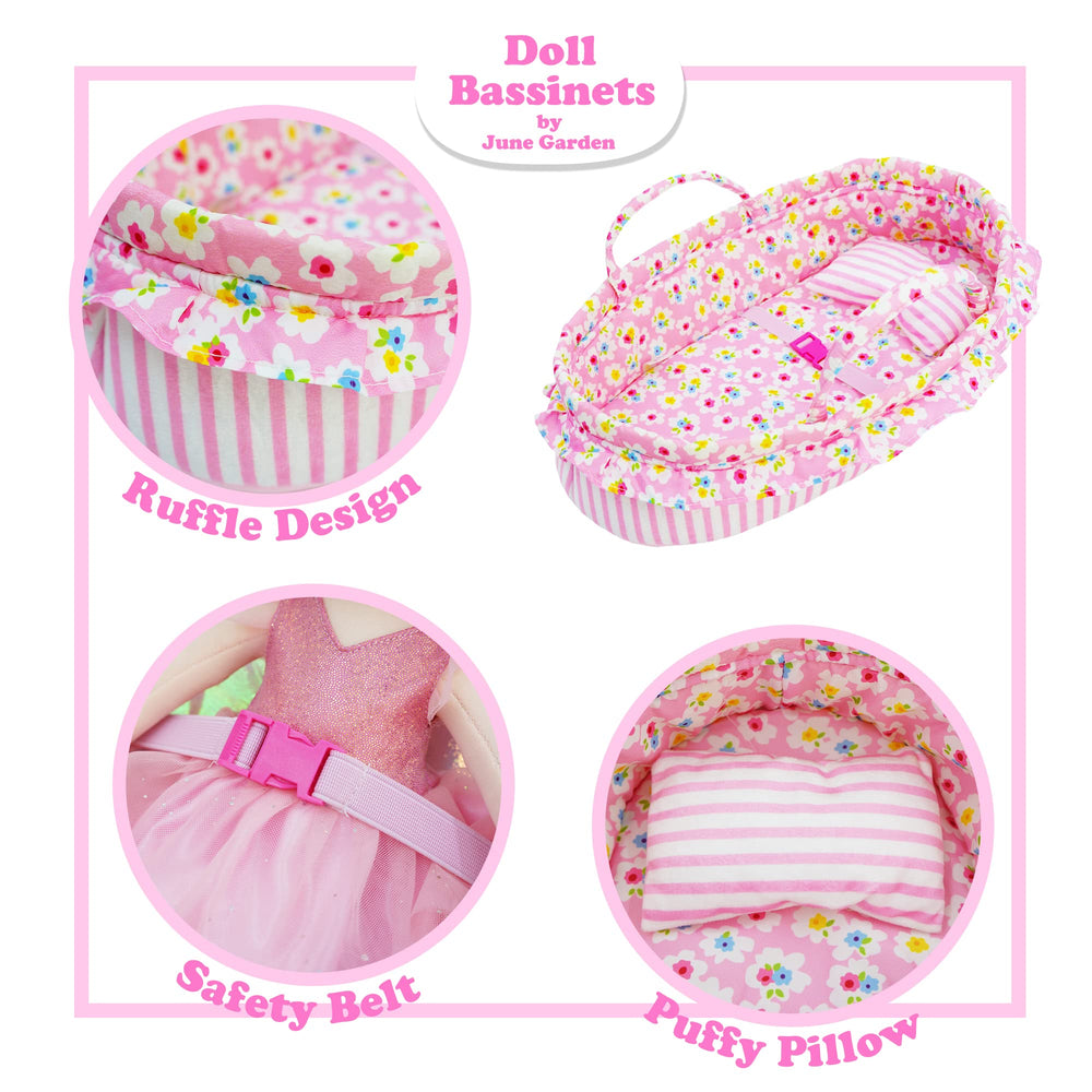 June Garden Cozy Dream Doll Bassinet has a sewn fluffy pillow.