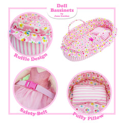 June Garden Cozy Dream Doll Bassinet has a sewn fluffy pillow.