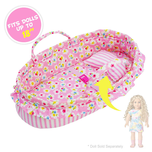 June Garden Cozy Dream Doll Bassinet shows soft pink lining for cuddly naps.