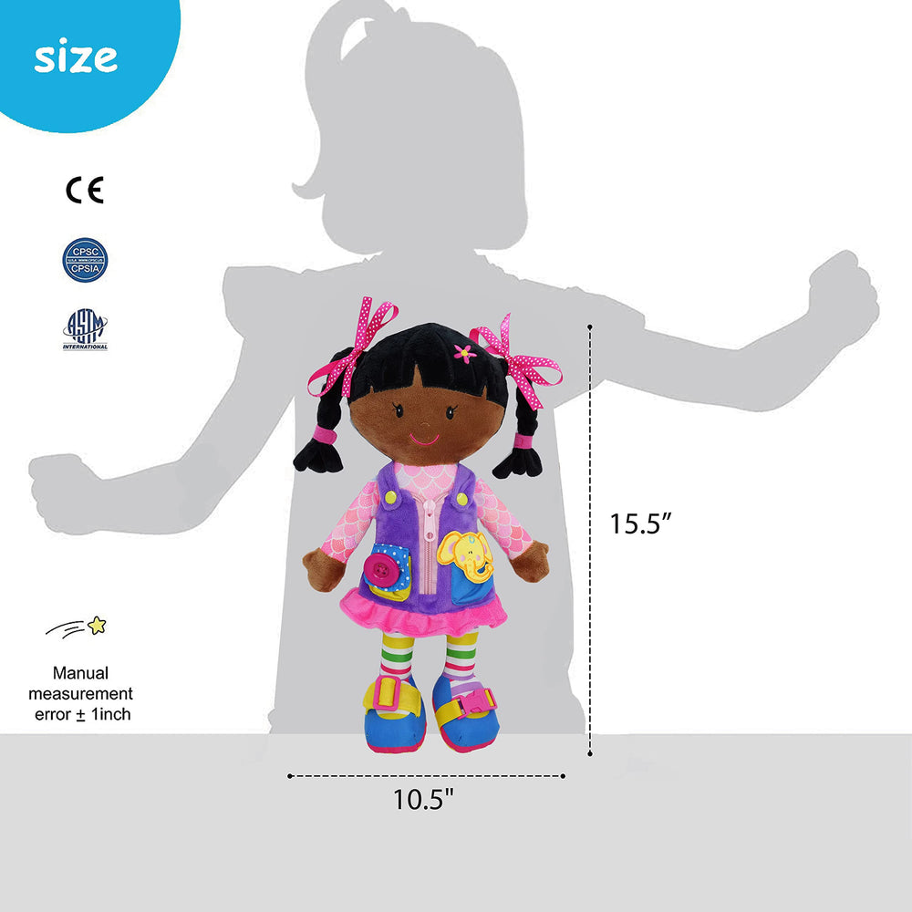 June Garden Dressy Friends Scarlett measures fifteen-and-a-half-inch height for cuddle-sized practice.