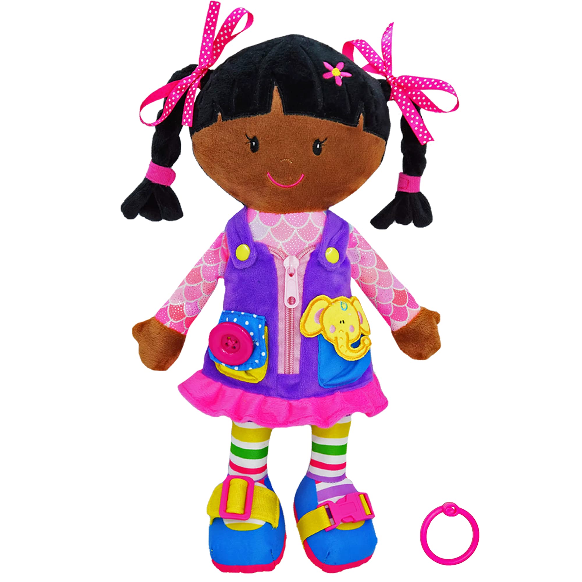 June Garden Dressy Friends Scarlett demonstrates zipping practice to boost fine motor skills.