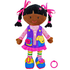 June Garden Dressy Friends Scarlett demonstrates zipping practice to boost fine motor skills.