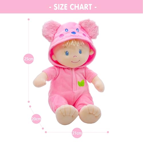 June Garden Sweet Dolly Frida removable outfit supports dressing practice and fine motor skills.