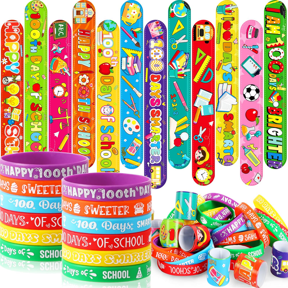 JUNEBRUSHS 100 days silicone slap bracelets in bright colors for classroom celebrations.
