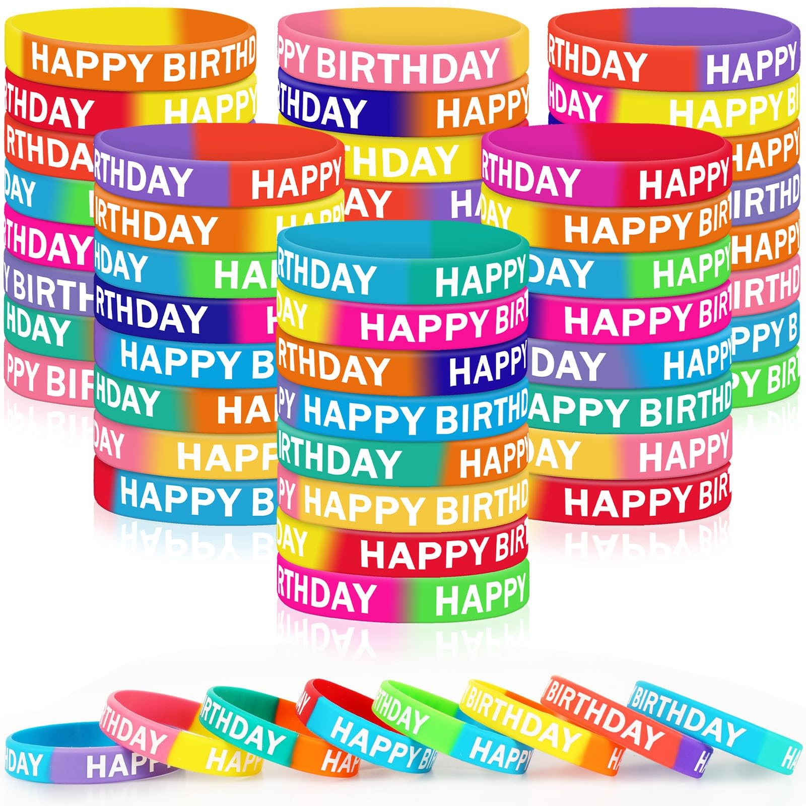 JUNEBRUSHS 64-pack birthday bracelets in vibrant silicone for classroom rewards