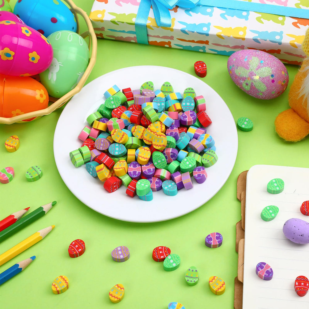 Junebrushes classroom prizes on a desk ready for Easter activities.