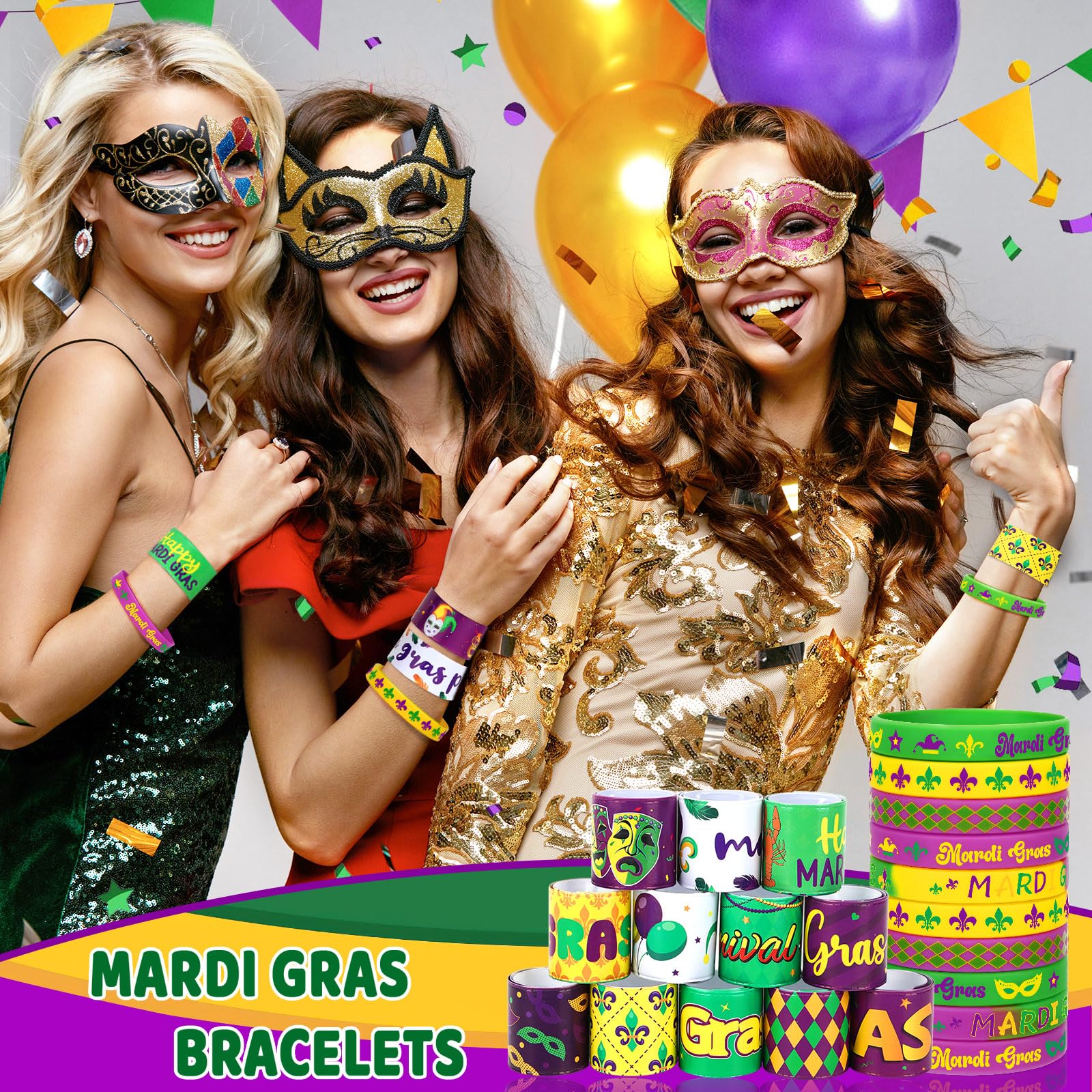 JUNEBRUSHS Mardi Gras designs—masks and crowns create authentic carnival atmosphere.