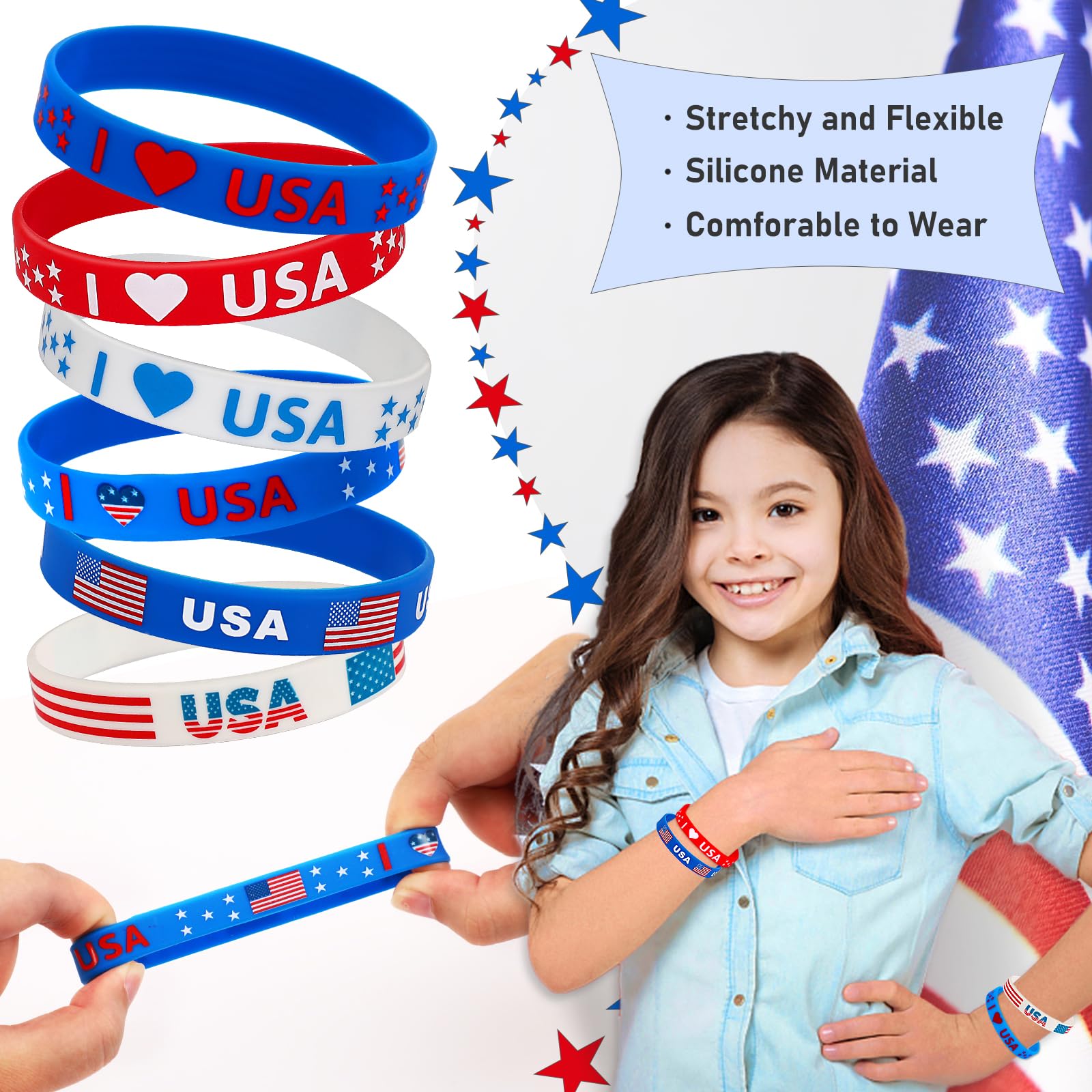 JUNEBRUSHS red white blue bracelet with stripes and stars.
