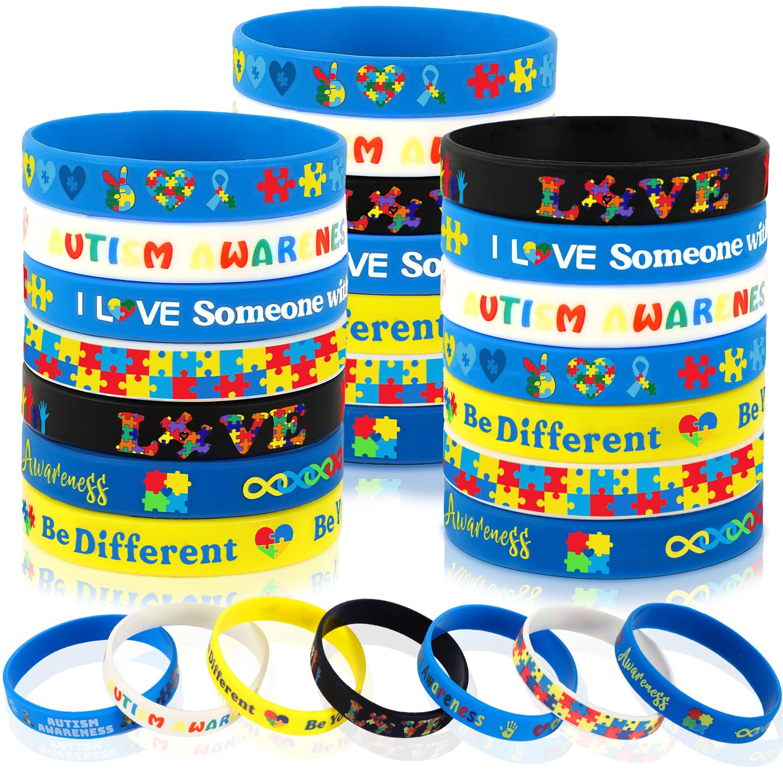 JUNEBRUSHS autism bracelets pack with seven puzzle designs for everyday awareness and style.