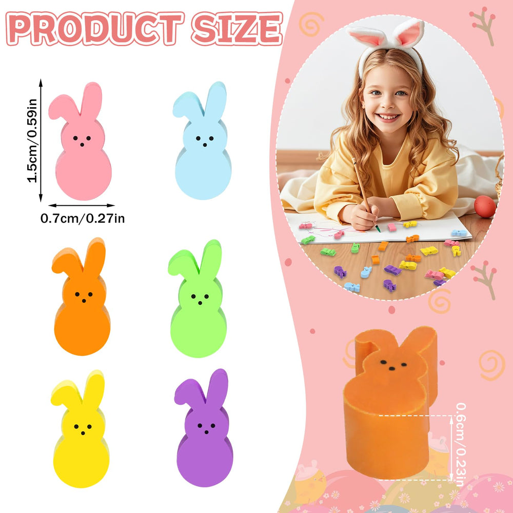 JUNEBRUSHS cute bunny erasers closeup showing six colors for classroom tasks.
