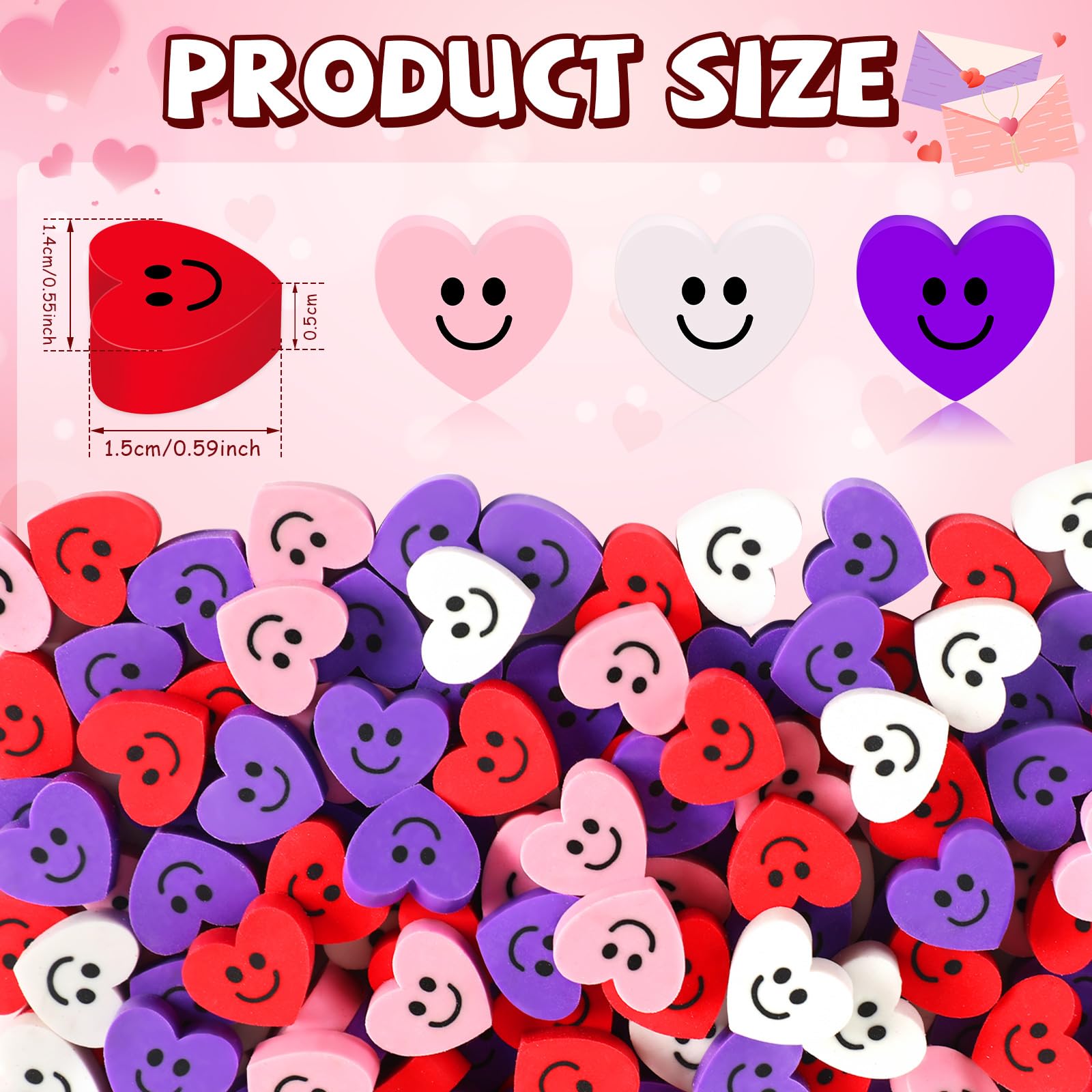 Close-up of four color heart-shaped erasers with smiling faces.