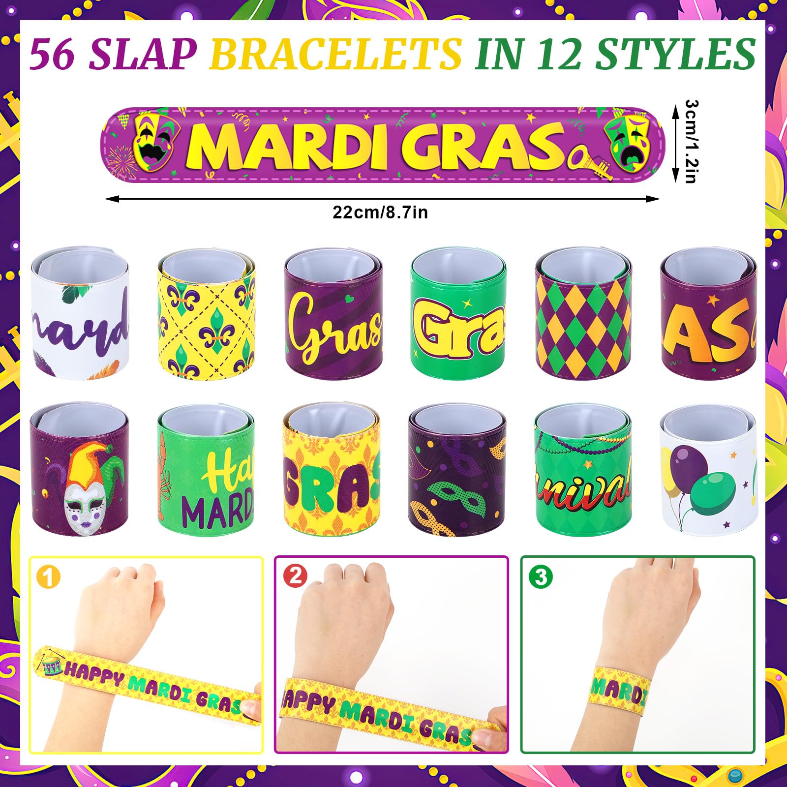 JUNEBRUSHS Mardi Gras bracelets 56-piece bulk pack for parties and events