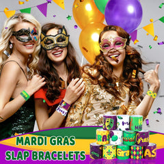 JUNEBRUSHS Mardi Gras bracelets featuring dance masks and crowns motifs