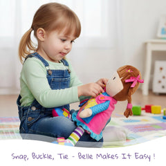 June Garden Dressy Friends Belle zipping action showcases fine motor skills development during play.
