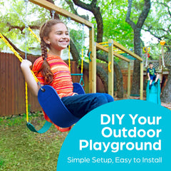 Blue Jungle Gym Kingdom swing set in a sunny backyard ready for outdoor fun