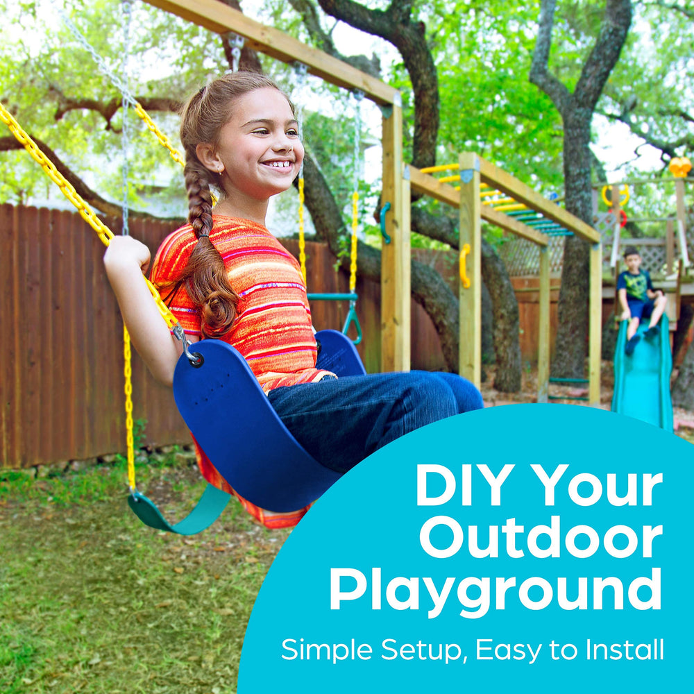 Pinch-free design highlights safety features of Jungle Gym Kingdom swing kit.