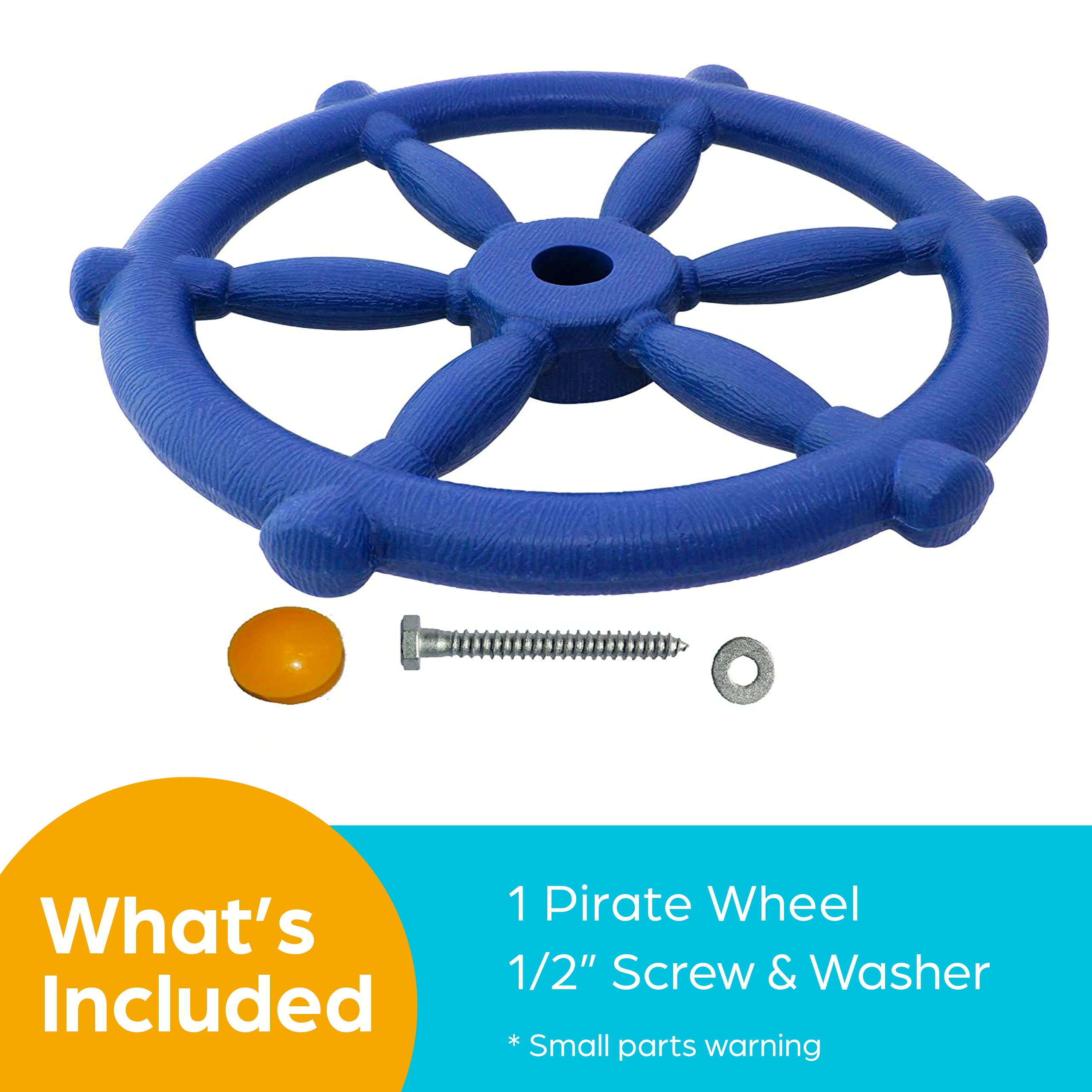 Jungle Gym Kingdom pirate ship wheel blue backside view with sturdy mounting hardware.