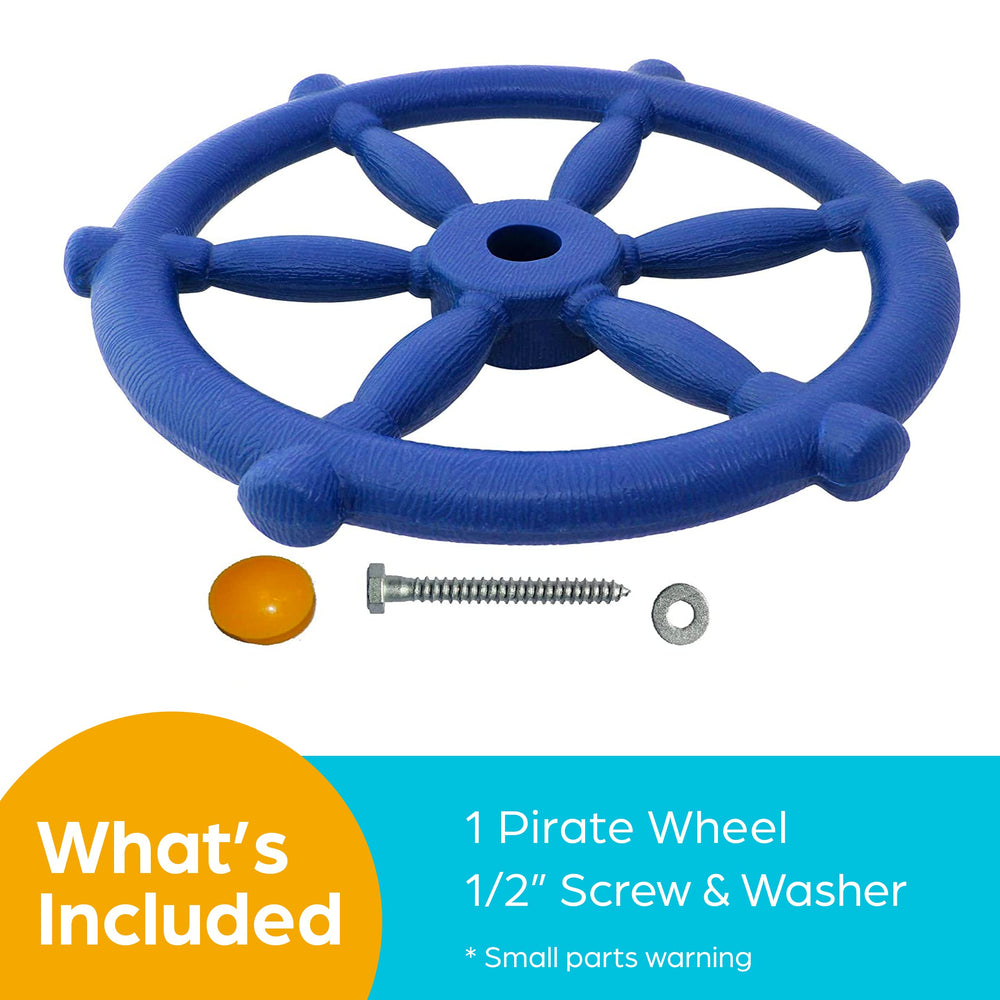 Jungle Gym Kingdom pirate ship wheel blue backside view with sturdy mounting hardware.
