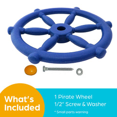 Jungle Gym Kingdom pirate ship wheel blue backside view with sturdy mounting hardware.