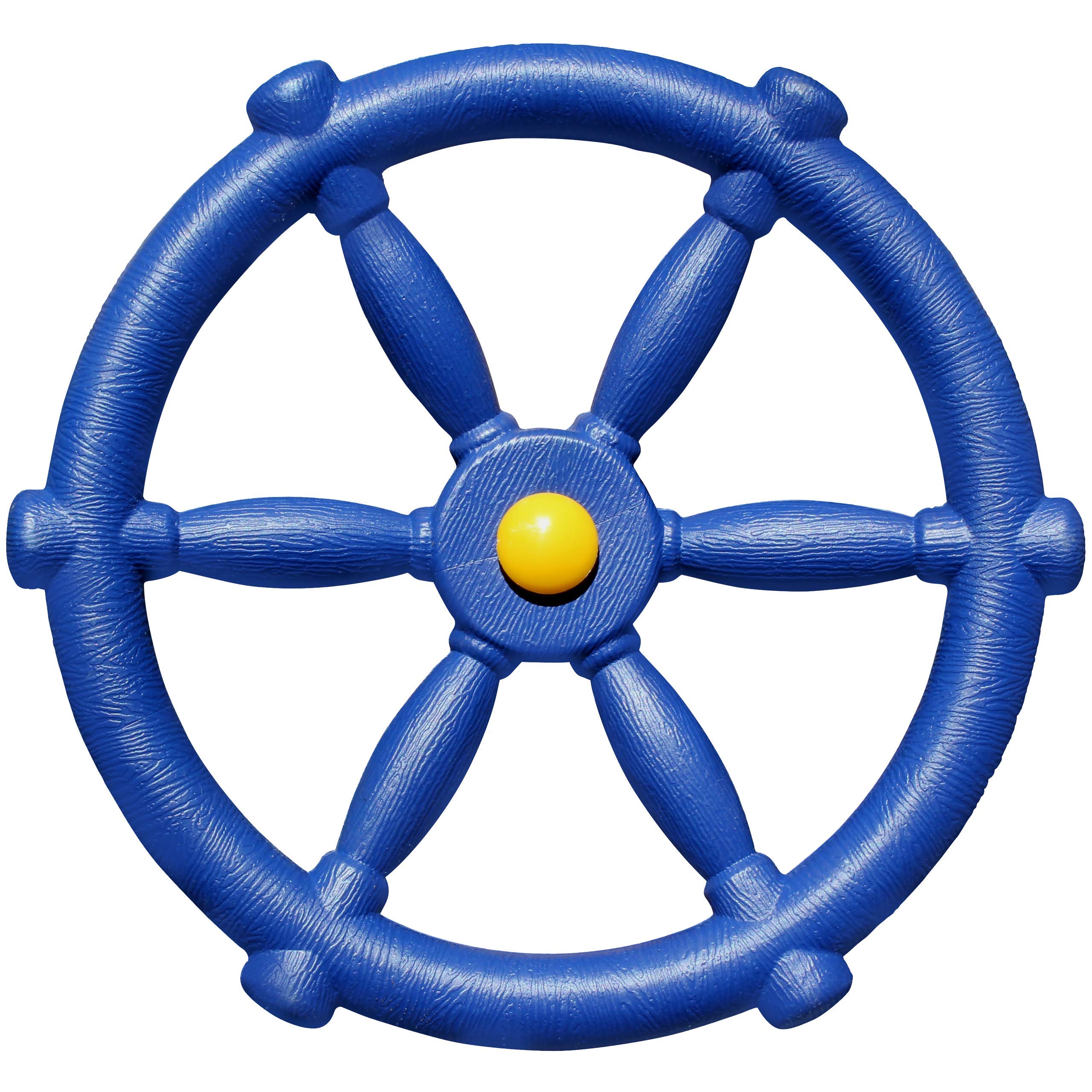 Jungle Gym Kingdom pirate ship wheel blue front view, playful steering for outdoor imagination.