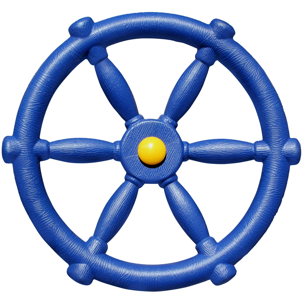 Jungle Gym Kingdom pirate ship wheel blue front view, playful steering for outdoor imagination.