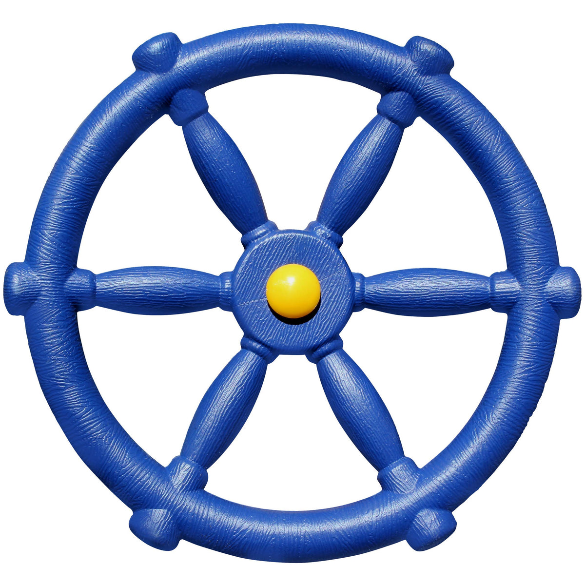 Jungle Gym Kingdom pirate ship wheel blue front view, playful steering for outdoor imagination.