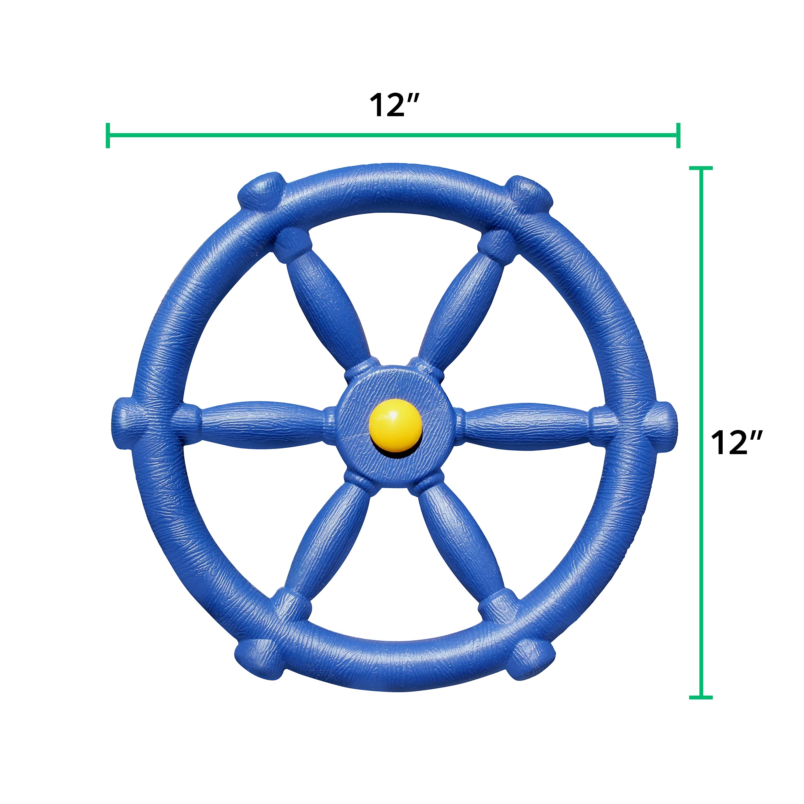 Jungle Gym Kingdom pirate ship wheel blue in yard, ready for backyard adventures.