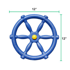 Jungle Gym Kingdom pirate ship wheel blue in yard, ready for backyard adventures.