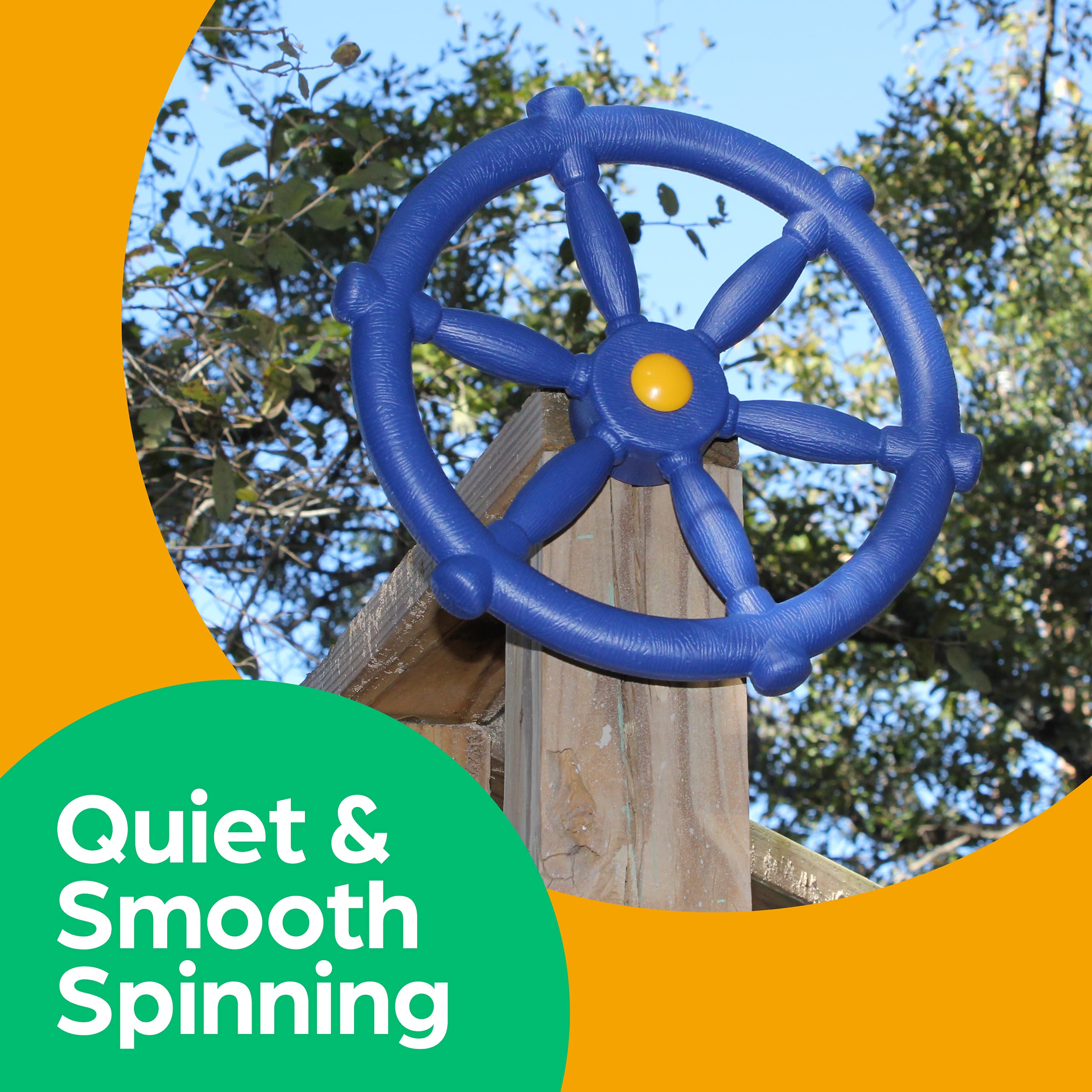 Jungle Gym Kingdom pirate ship wheel blue kid holding, promoting imaginative play and coordination.