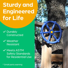 Jungle Gym Kingdom pirate ship wheel blue mounted on treehouse for adventurous play.