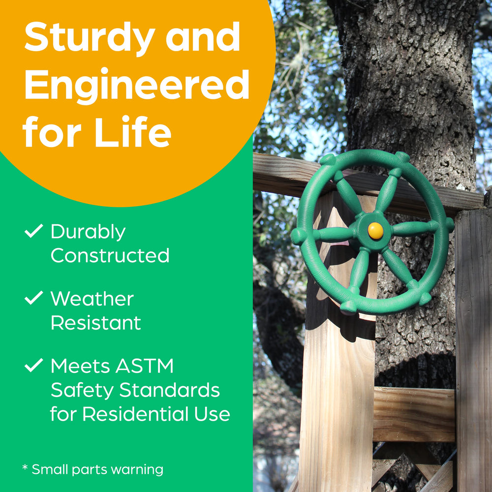 Jungle Gym Kingdom pirate ship wheel outdoor use with easy mounting.