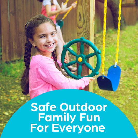 Jungle Gym Kingdom pirate ship wheel playhouse attachment boosts backyard adventures.