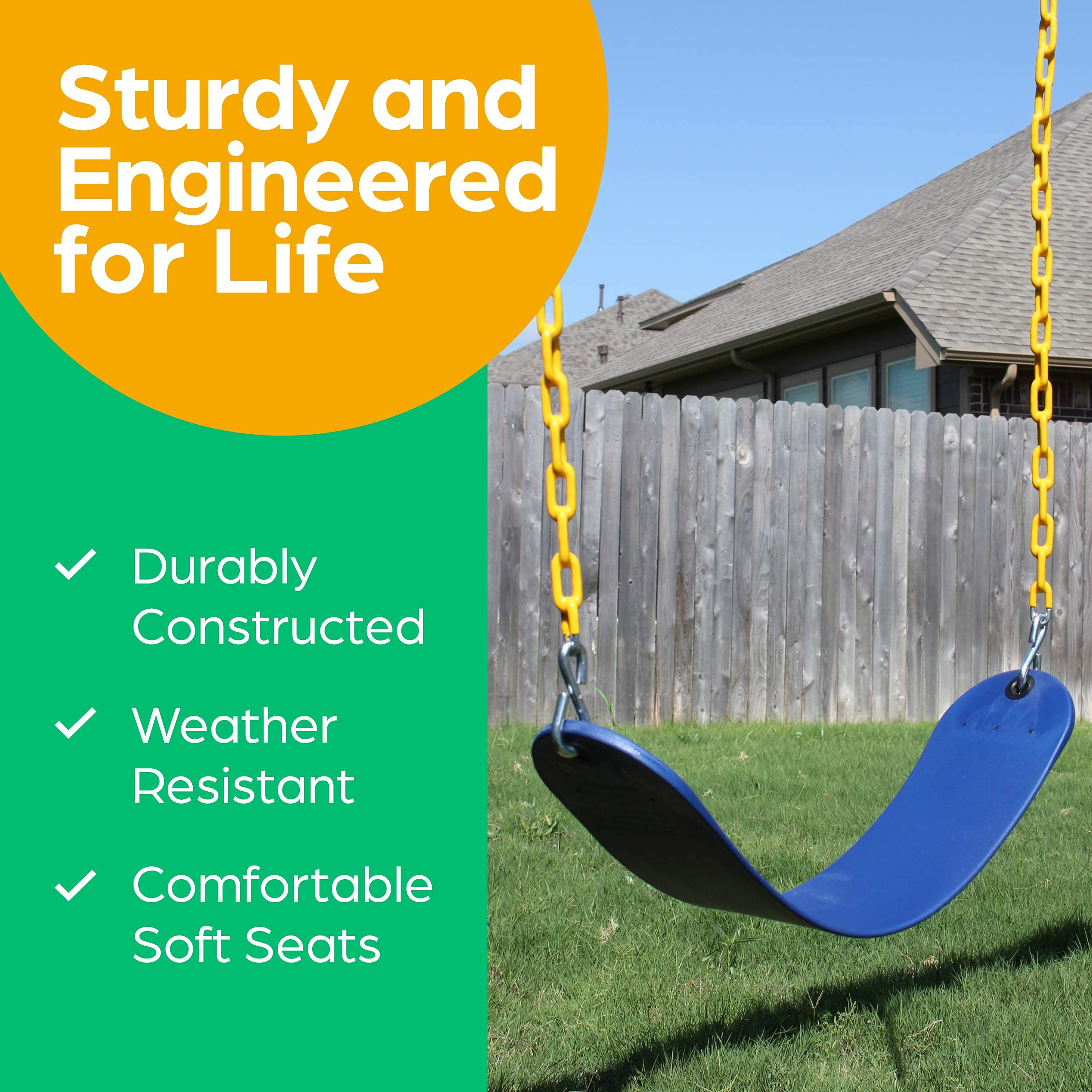 Plastic-coated chains reduce pinch points on Jungle Gym Kingdom swing.