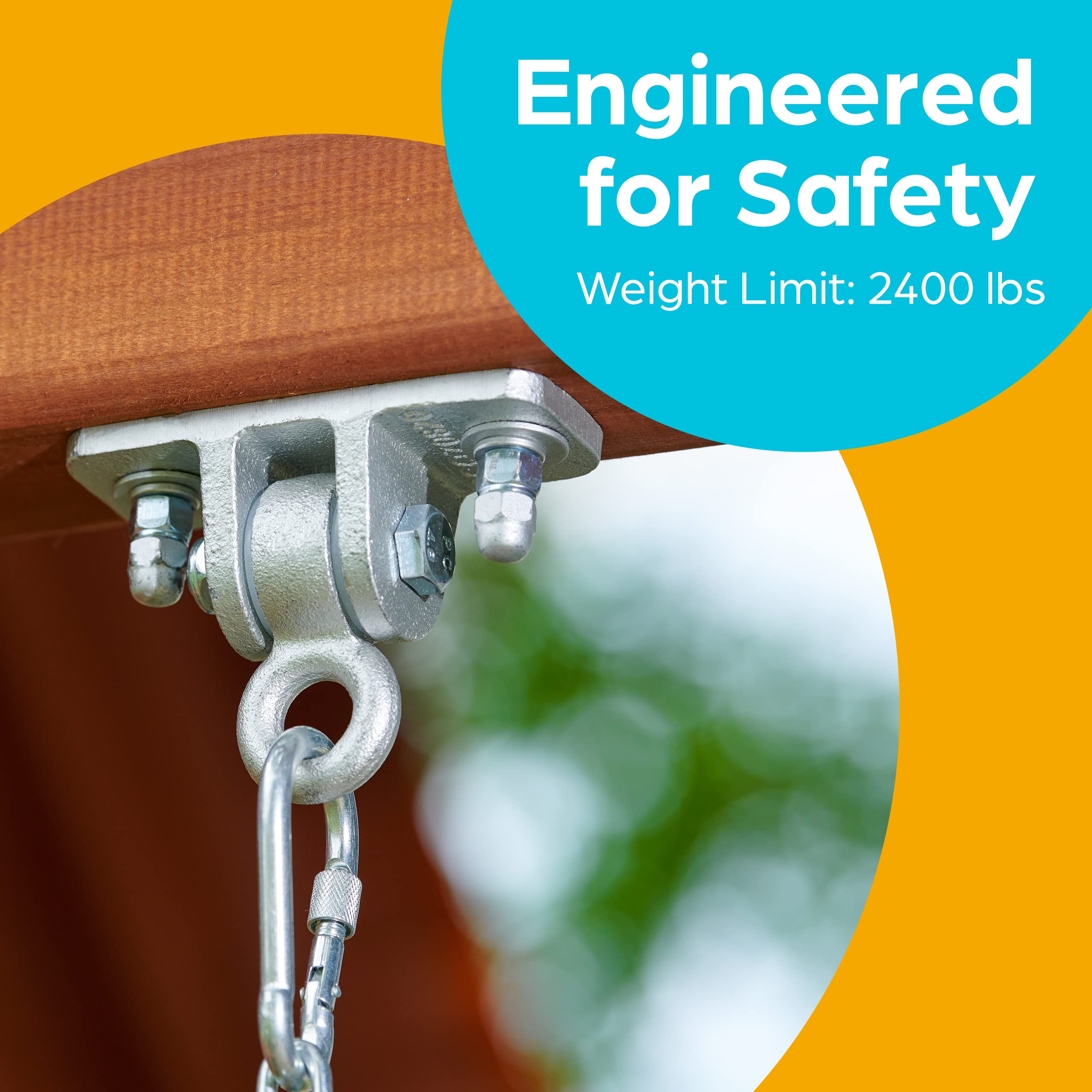 Jungle Gym Kingdom locking snap hooks secure the swing setup with confidence.