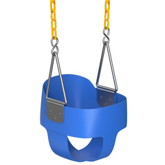 Jungle Gym Kingdom toddler swing blue bucket seat close-up showing secure seating.