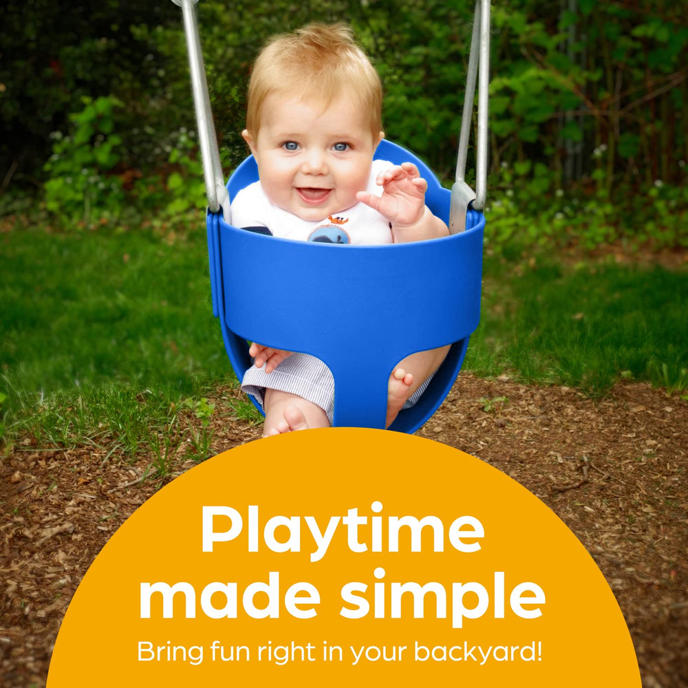 Jungle Gym Kingdom toddler swing fixed T-bar seat with elevated back.